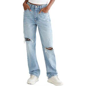 Womens Baggy Jeans Cotton Ripped 90s Style Button Zipper 5-Pocket